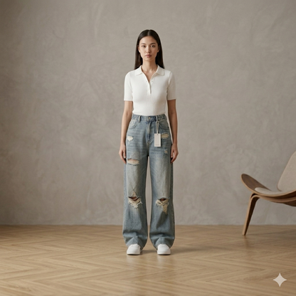 Jeans Baggy Strappati Donna Vita Alta – Denim Oversize Trend 2026