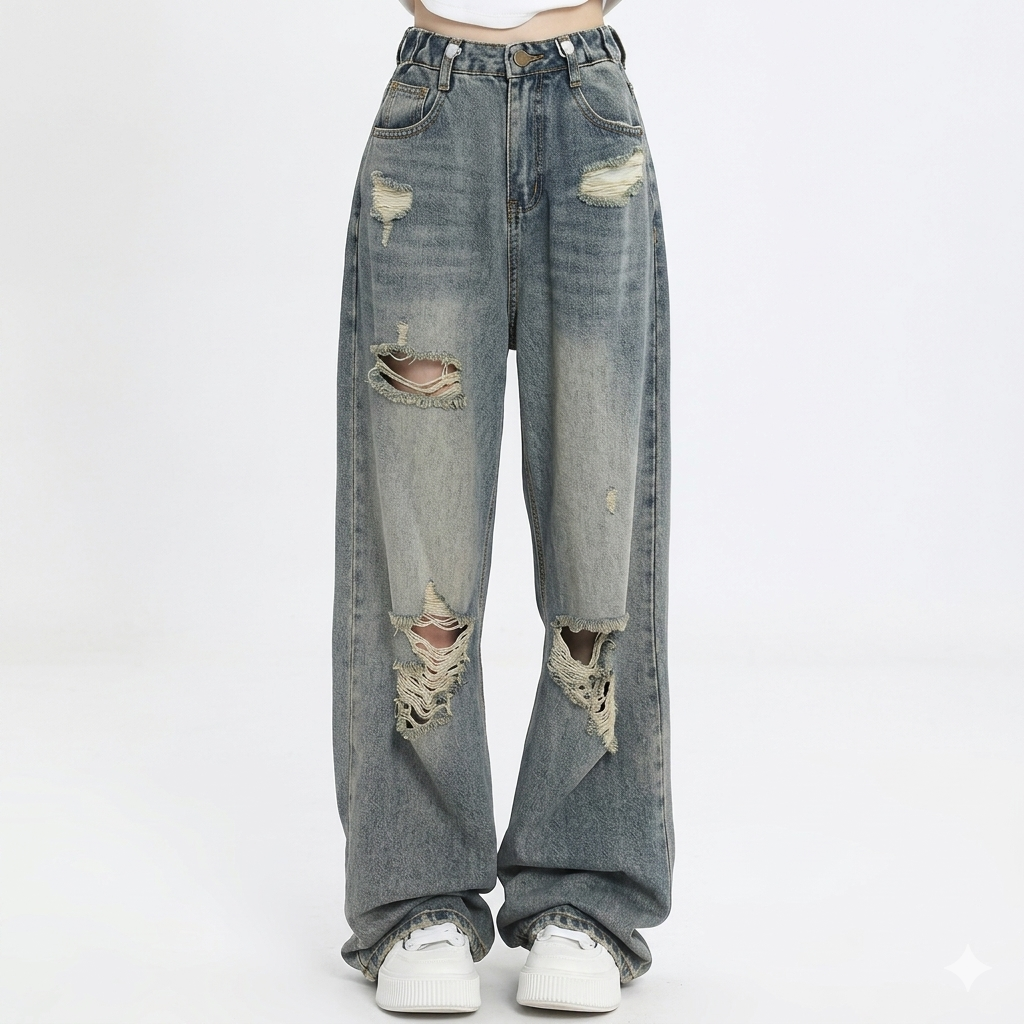 Jeans Baggy Strappati Donna Vita Alta – Denim Oversize Trend 2026