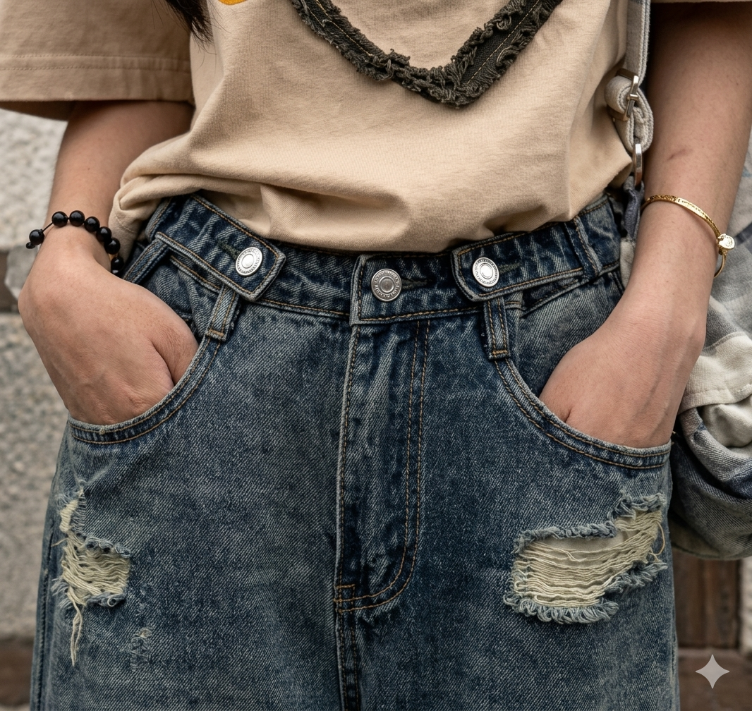 Jeans Baggy Strappati Donna Vita Alta – Denim Oversize Trend 2026